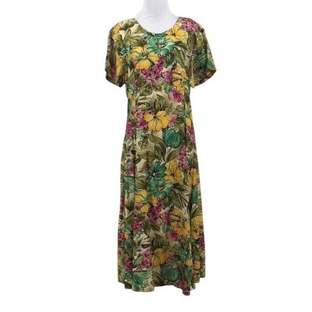 Paradise Bay Green Yellow Floral‎ Hawaiian Dress Womens Large Short Sleeve Midi